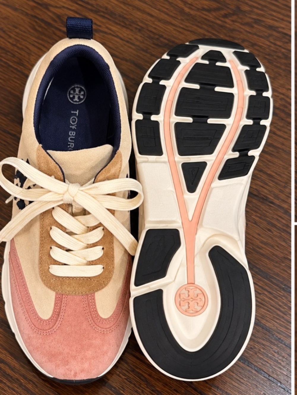 Tory Burch Good Luck Trainer Suede Sneakers Pink Navy Cream Size 9.5